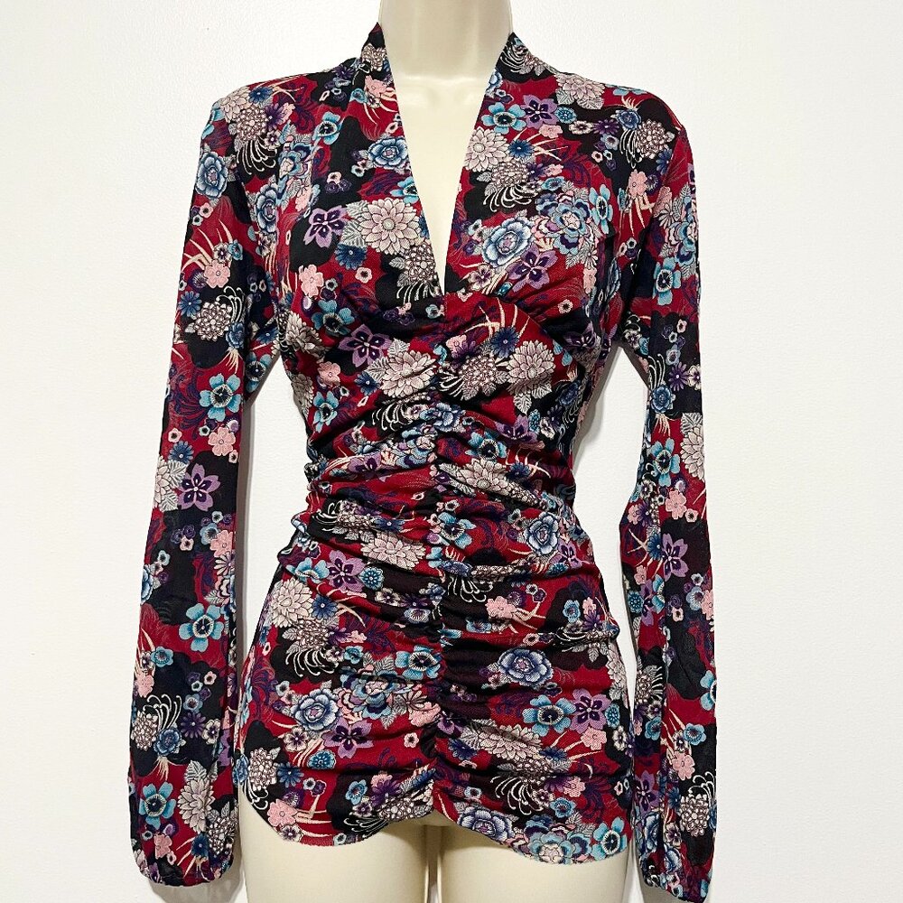 Womens Y2K Mesh Top M Red Ruched Hippie Asian Floral Fitted Sheer Long Sleeve